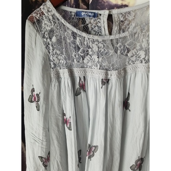 GIULIA Women's Long Sleeve Lace Trim Neckline Silk Overlay Butterfly Blouse sz M - Picture 3 of 9